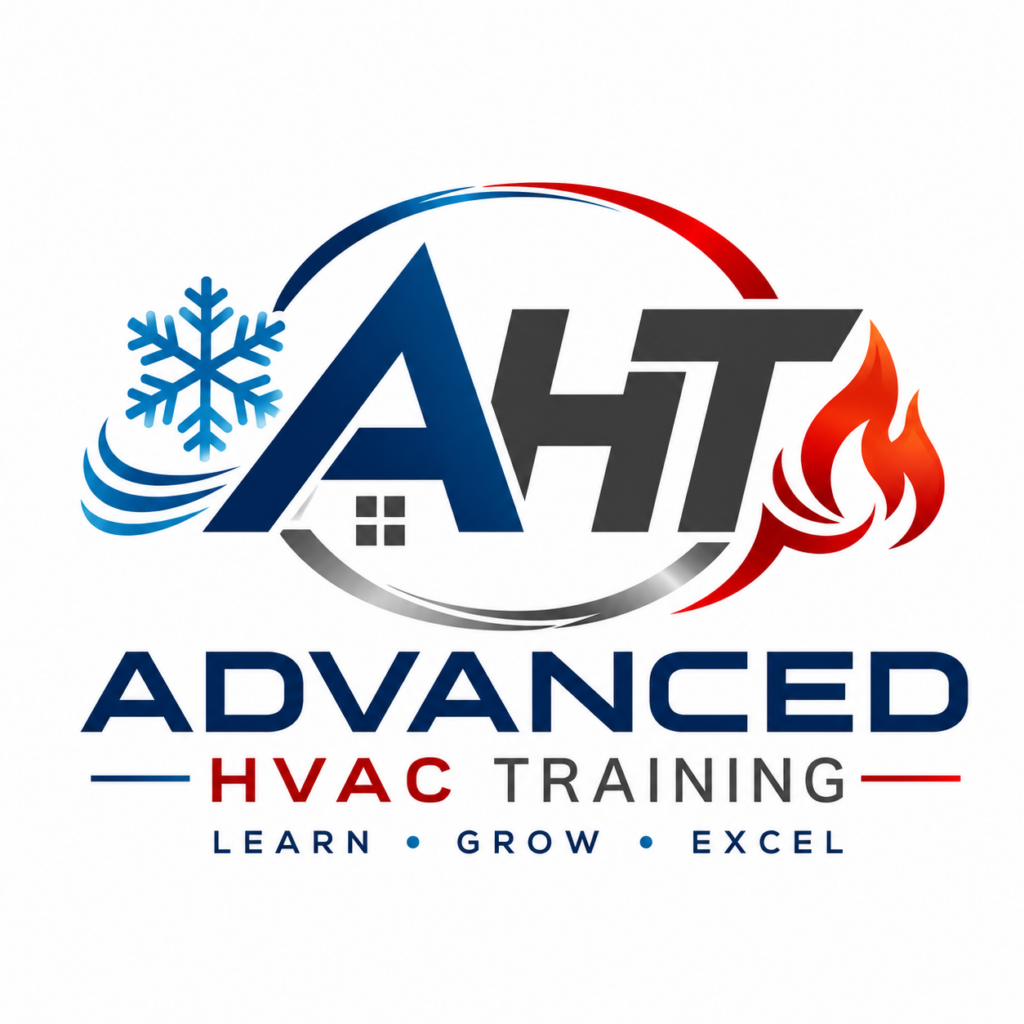 Logo for Advanced HVAC Training (AHT) featuring a blue letter 'A' shaped like a house, a gray 'HT', a blue snowflake, and red flames, associated with Pro Solutions Air Conditioning and Heating Inc.