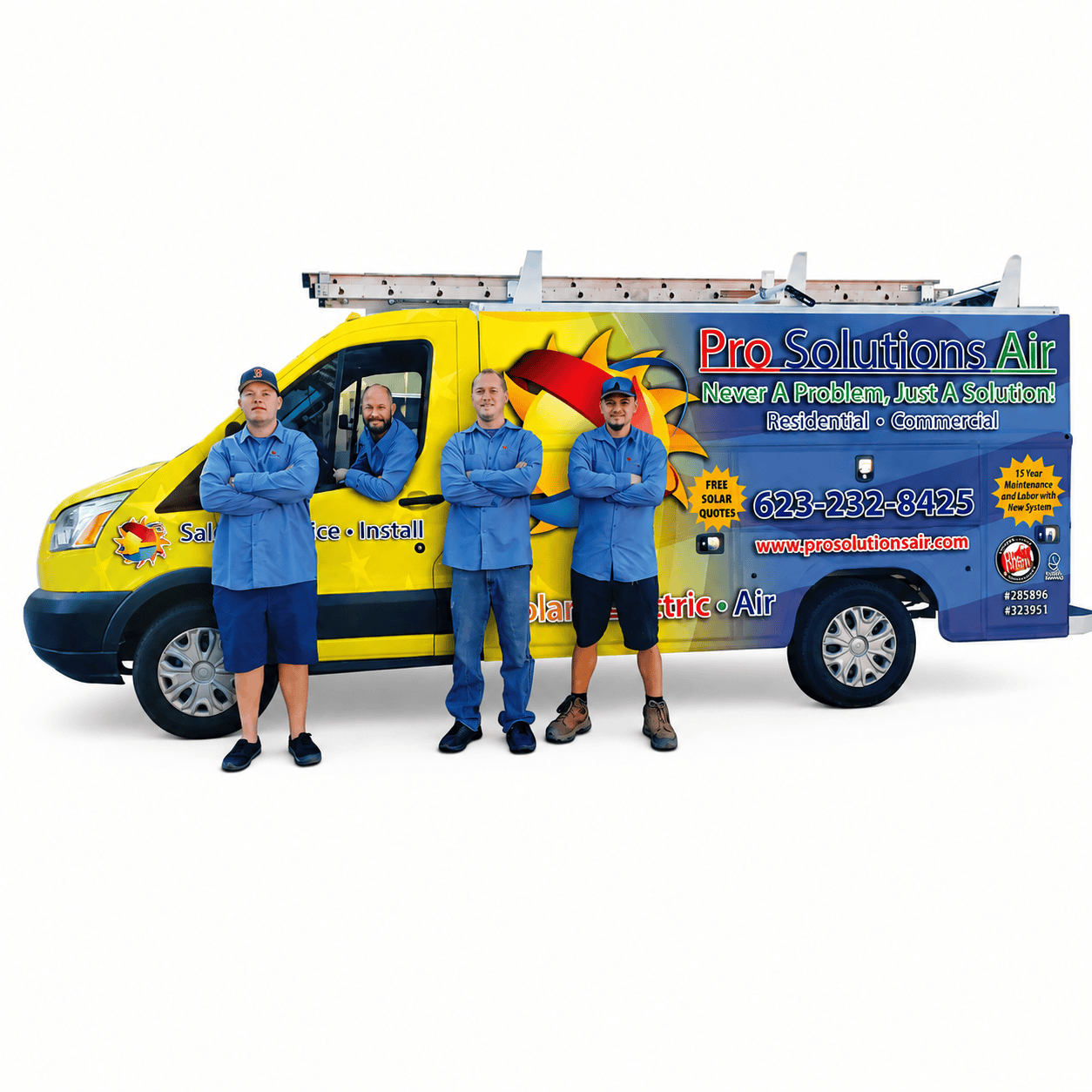 A yellow and blue service van with a ladder on top and "Pro Solutions Air Conditioning and Heating Inc." graphics. Three male technicians stand with arms crossed in front of the van, while a fourth technician sits in the driver's seat. All are wearing blue uniform shirts. The van displays contact information, including the phone number 623-232-8425, the website www.prosolutionsair.com, and "Residential • Commercial" services. The company's tagline, "Never A Problem, Just A Solution!", is visible, along with logos for solar quotes and "Pro Solutions Air Conditioning and Heating Inc." branding.