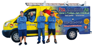 Pro Solutions Air Conditioning and Heating Inc. HVAC technician team standing in front of their yellow and blue branded service van with arms crossed.