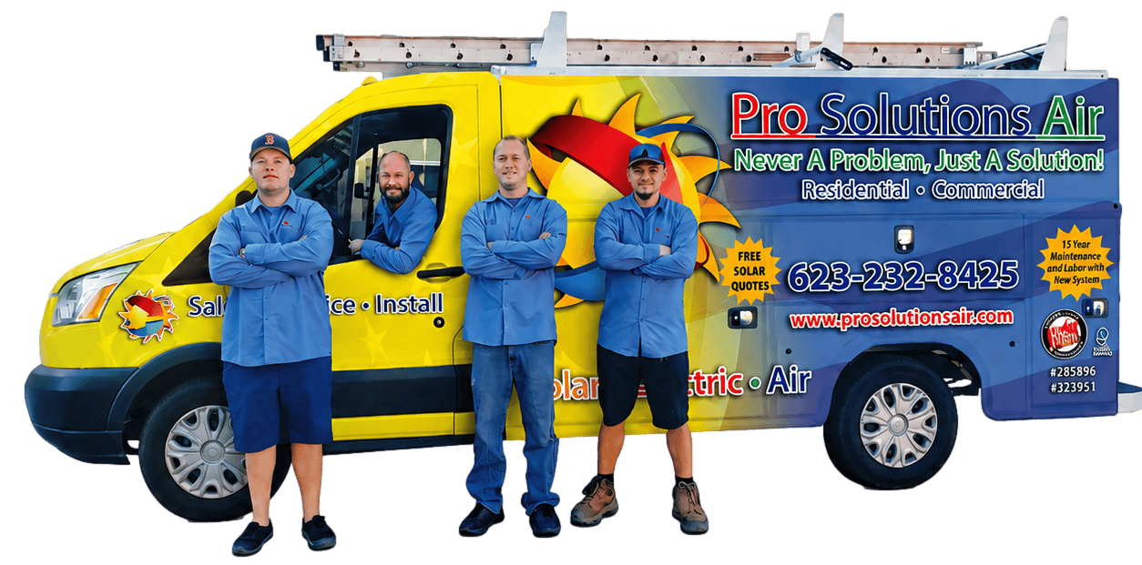 Pro Solutions Air Conditioning and Heating technicians standing beside a branded service van in Surprise, Arizona
