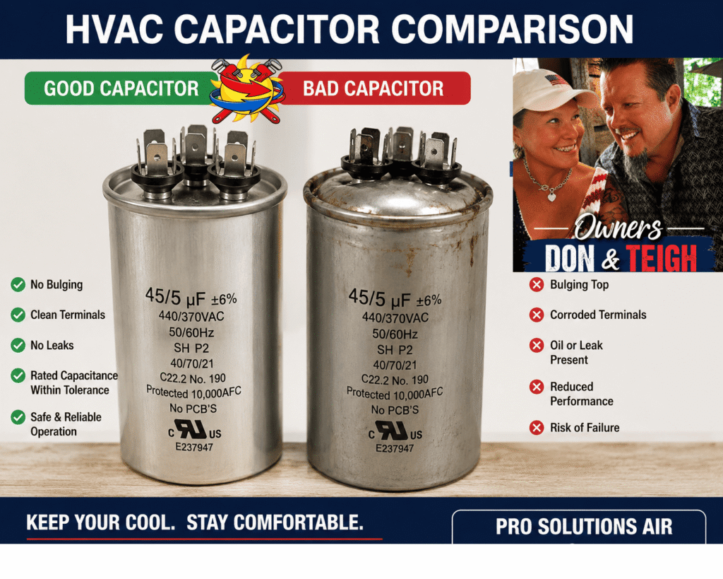 Side-by-side HVAC capacitor comparison showing a good capacitor versus a bad capacitor with a bulging top and corroded terminals, provided by Pro Solutions Air Conditioning and Heating Inc.
