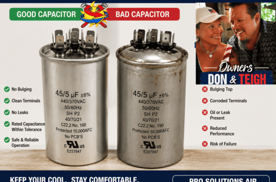 Side-by-side HVAC capacitor comparison showing a good capacitor versus a bad capacitor with a bulging top and corroded terminals, provided by Pro Solutions Air Conditioning and Heating Inc.