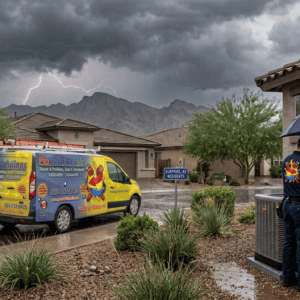A Pro Solutions Air Conditioning and Heating Inc. technician servicing an outdoor AC unit under an umbrella during a stormy day in Surprise, Arizona.