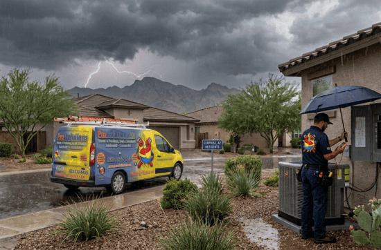 A Pro Solutions Air Conditioning and Heating Inc. technician servicing an outdoor AC unit under an umbrella during a stormy day in Surprise, Arizona.