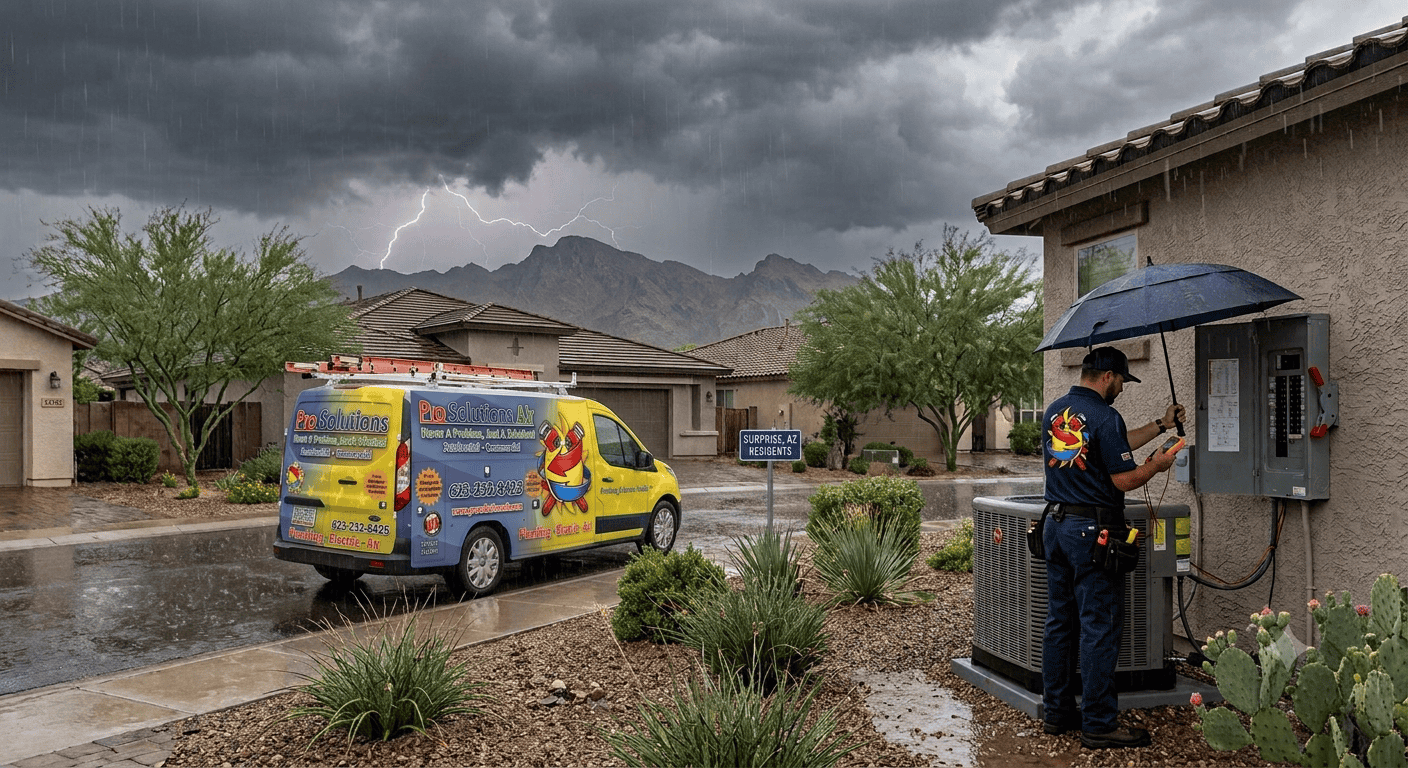 A Pro Solutions Air Conditioning and Heating Inc. technician servicing an outdoor AC unit under an umbrella during a stormy day in Surprise, Arizona.