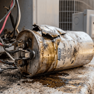 Severely damaged and ruptured AmRad dual run capacitor next to an outdoor air conditioner, showing signs of electrical failure.