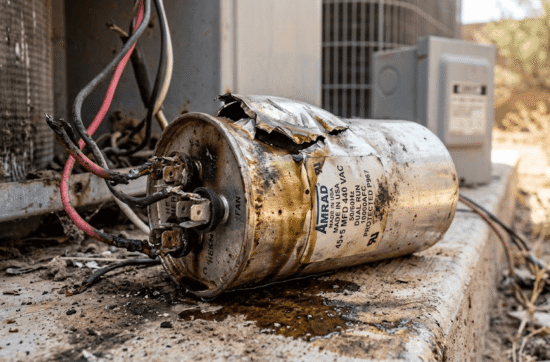 Severely damaged and ruptured AmRad dual run capacitor next to an outdoor air conditioner, showing signs of electrical failure.